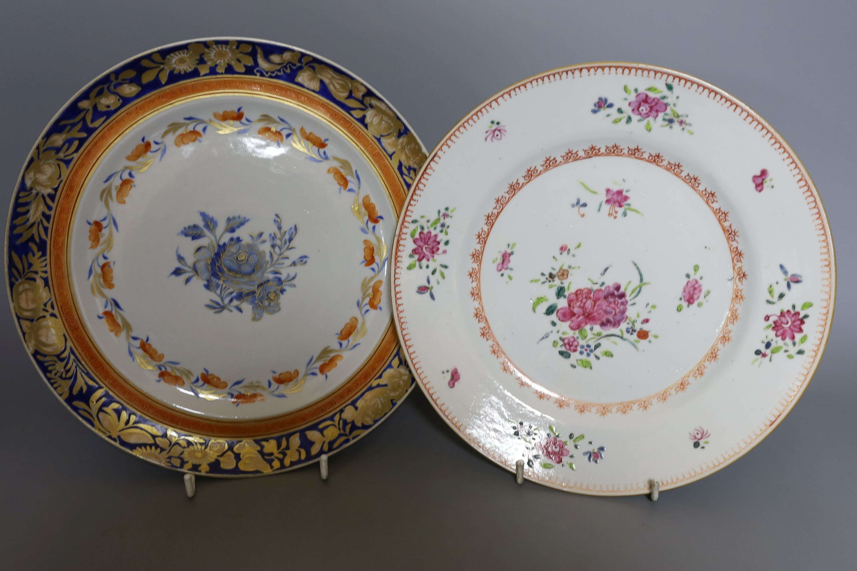 An early 19th century Chinese enamelled porcelain plate and two 18th-century Chinese export famille rose plates (3) largest 24.5cm diameter